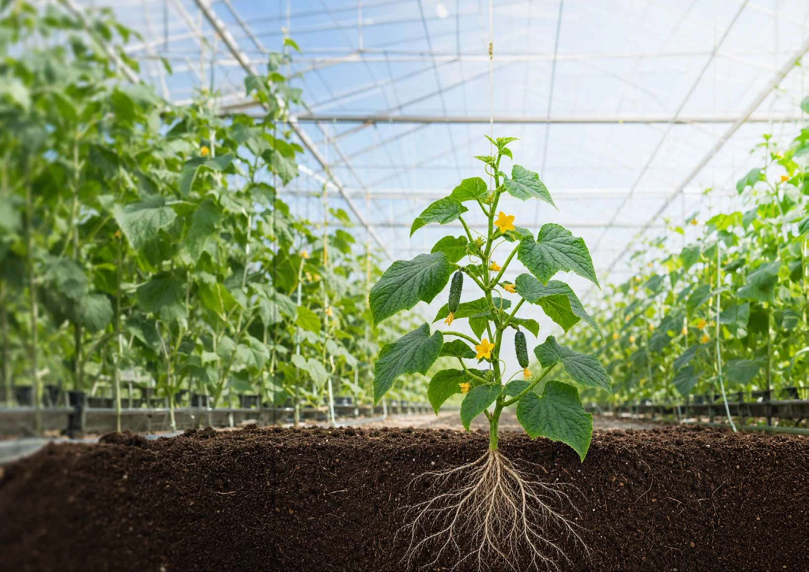 Greenhouse crop showing canopy and root-zone context